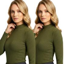 Kit com 2 Blusas Gola Alta Feminina Canelada Manga Longa Cacharrel Casual Frio Confortável
