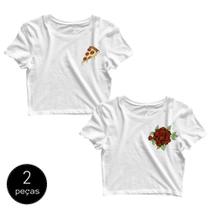 Kit com 2 Blusinhas Cropped Blusa Tshirt Camiseta Feminina Pizza Rosas Flor Love Branca