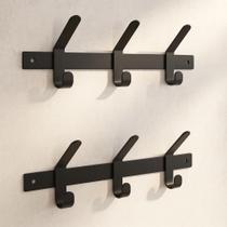 Kit com 2 Cabideiros Suporte de Parede Organizador Brasforma Preto 3 Ganchos Robusto para Roupas Bonés Casaco Blusas Chaves