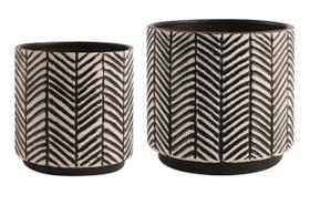 Kit com 2 cachepots em cerâmica linhas branco e preto 15,5 e 13 cm