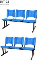 Kit com 2 Cadeiras Longarina PLÁSTICA 03 Lugares Cor Azul Mastcmol