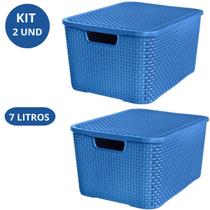 Kit com 2 Caixas Cesto Organizadora com Tampa Empilhável Plástico - 7 Litros Azul