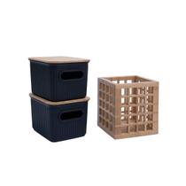Kit com 2 caixas organizadoras caneladas com tampa de bambu 1,5l e porta utensílios de bambu - Oikos