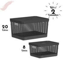 Kit com 2 Caixas Organizadoras Cesto Grid Marca Ou 8 Litros e 20 Litros com Tampa de Plástico