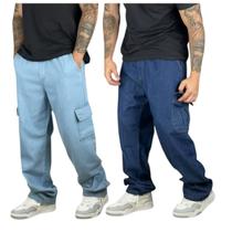 Kit Com 2 Calça Cargo Jeans Premium Larga Balão Streer Over