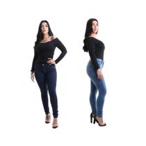 Kit Com 2 Calças Jeans Feminina Skinny Cintura Média Levanta Bum Bum