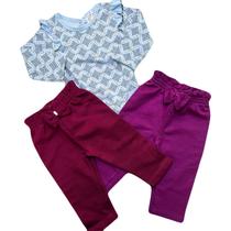 Kit Com 2 Calças Moletom E Body Bebe Meninas Infantil Kit Com 2 Calças Moletom E Body Bebe Meninas Infantil
