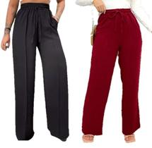 Kit Com 2 Calças Pantalona Wide Leg Duna Com Elástico Cintura Alta