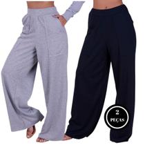 Kit Com 2 Calças Wide Leg Pantalona Lisa Com Bolsos Moda - c9 KIT 2 WIDE LEG PRETO CINZA