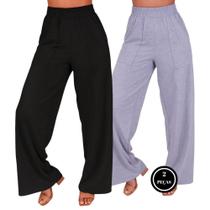 Kit Com 2 Calças Wide Leg Pantalona Lisa Com Bolsos Moda - c9 KIT 2 WIDE LEG PRETO CINZA Kit Com 2 Calças Wide Leg Pantalona Lisa Com Bolsos Moda - c9 KIT 2 WIDE LEG PRETO CINZA