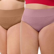 Kit com 2 Calcinhas Biquíni Com Renda Sem Costura Plus Size Amêndoa e Rosa Lilás Kit com 2 Calcinhas Biquíni Com Renda Sem Costura Plus Size Amêndoa e Rosa Lilás
