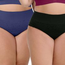 Kit com 2 Calcinhas Biquíni Com Renda Sem Costura Plus Size Mirtilo e Preto Kit com 2 Calcinhas Biquíni Com Renda Sem Costura Plus Size Mirtilo e Preto