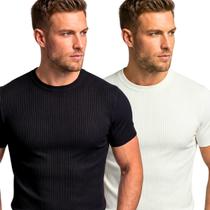 Kit com 2 Camiseta Básica Masculina Modelo Americano Slim Fit Malha Canelada Premium Casual Academia