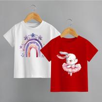 Kit com 2 Camisetas Infantil Menina Coelhinho e Arco íris Blusa 100% Algodão
