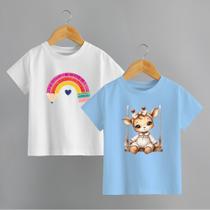 Kit com 2 Camisetas Infantil Menina Girafa no Balanço e Arco íris Lapis Blusa 100% Algodão