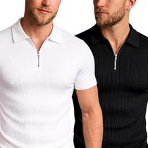 Kit com 2 Camisetas Polo Italiana Masculina Canelada Manga Curta com Zíper Casual Slim Kit com 2 Camisetas Polo Italiana Masculina Canelada Manga Curta com Zíper Casual Slim