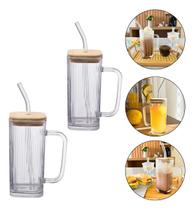 Kit com 2 Canecas de Vidro Hauskraft com Tampa de Bambu e Canudo Estilo, Sustentabilidade