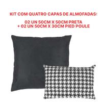 Kit com 2 Capas de Almofada Quadrada cm Preta + 2 Capas de Almofada Retangular 30x50 cm Pied de Poule