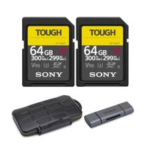 Kit com 2 Cartões SD Sony 64GB UHS-II Tough G-Series com Leitor de Cartão Dual Slot em Alumínio e Estojo Resistente para Armazenamento (4 Itens) Kit com 2 Cartões SD Sony 64GB UHS-II Tough G-Series com Leitor de Cartão Dual Slot em Alumínio e Estojo Resistente para Armazenamento (4 Itens)