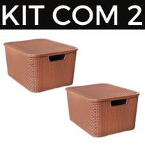 Kit Com 2 Cesto - Caixa Organizadora Rattan Com Tampa 7 Litros - Marrom