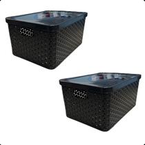 Kit Com 2 - Cesto Caixa Organizadora Rattan Com Tampa - 7 Litros - Preto