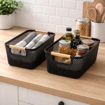 Kit Com 2 Cestos Organizador Plástico Multiuso Com Alça Madeira Bambu Para Banheiro Cozinha Escritório e Armazenamento Prático