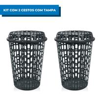 Kit Com 2 Cestos Para Roupas Multiuso Telado Com Tampa 60l Preto Arqplast