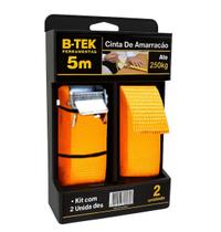 Kit com 2 Cintas de Amarração com Catraca BTek Reforçada 5m x 25mm 250kg Cor Laranja