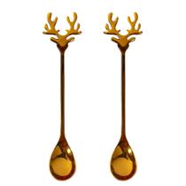 Kit com 2 Colheres Natalina de Rena 14X2,5cm Dourado