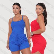 Kit com 2 conjunto feminino regata de alcinha fina e short curto canelado exclusiva