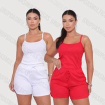 Kit com 2 conjunto feminino regata de alcinha fina e short curto canelado exclusiva