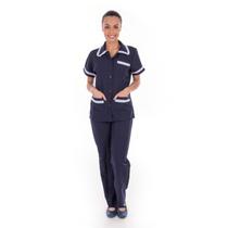 Kit com 2 conjuntos de Calça e Jaleco em Oxford com Bordado Inglês, para Copeira, Faxineira, Doméstica