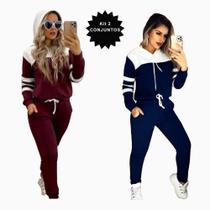 Kit com 2 Conjuntos de Frio Feminino Calça + Blusa Moletom Malha Crepe com Capuz Inverno