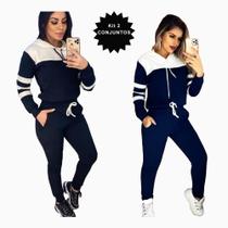 Kit com 2 Conjuntos de Frio Feminino Calça + Blusa Moletom Malha Crepe com Capuz Inverno