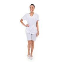 Kit com 2 Conjuntos de Jaleco Fechado e Bermuda em Tecido Oxford para Recepcionista, Dentista, Esteticista, Copeira, Arr