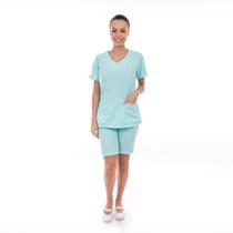 Kit com 2 Conjuntos de Jaleco Fechado e Bermuda em Tecido Oxford para Recepcionista, Dentista, Esteticista, Copeira, Arr