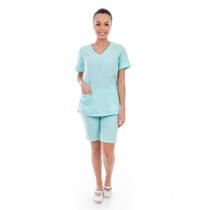 Kit com 2 Conjuntos de Jaleco Fechado e Bermuda em Tecido Oxford para Recepcionista, Dentista, Esteticista, Copeira, Arr