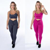 kit com 2 conjuntos fitness calça com cadarço e Top, cintura alta suplex zero transparencia - Bella Ray