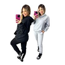Kit com 2 conjuntos Moletom calça e capuz feminino Inverno Slim quentinho flanelado