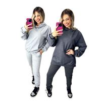 Kit com 2 conjuntos Moletom calça e capuz feminino Inverno Slim quentinho flanelado
