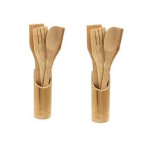 Kit com 2 conjuntos talheres em bambu cozinha garfo espátula