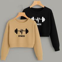 Kit com 2 Cropped Moletom Estampa Barra Fitness Modinha Gym Academia Treino Frio Inverno Flanelado