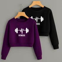Kit com 2 Cropped Moletom Estampa Barra Fitness Modinha Gym Academia Treino Frio Inverno Flanelado