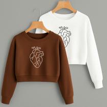 Kit com 2 Cropped Moletom Estampa Coração Line Delicado Lindo Frio Inverno Premium Oferta Kit