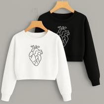 Kit com 2 Cropped Moletom Estampa Coração Line Delicado Lindo Frio Inverno Premium Oferta Kit