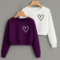 Kit com 2 Cropped Moletom Estampa Corações Linhas Fofo Feminino Inverno Frio Tecido Flanelado Quente