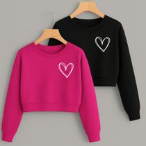 Kit com 2 Cropped Moletom Estampa Corações Linhas Fofo Feminino Inverno Frio Tecido Flanelado Quente