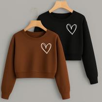 Kit com 2 Cropped Moletom Estampa Corações Linhas Fofo Feminino Inverno Frio Tecido Flanelado Quente