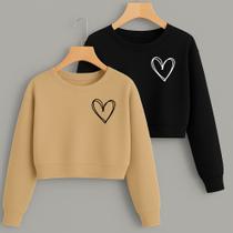 Kit com 2 Cropped Moletom Estampa Corações Linhas Fofo Feminino Inverno Frio Tecido Flanelado Quente