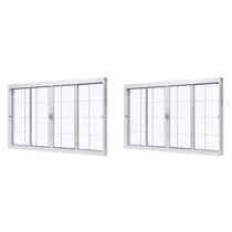 Kit com 2 Janelas de Aço de Correr Central 100x120cm 4 Folhas com Grade Quadriculada e Vidro Liso